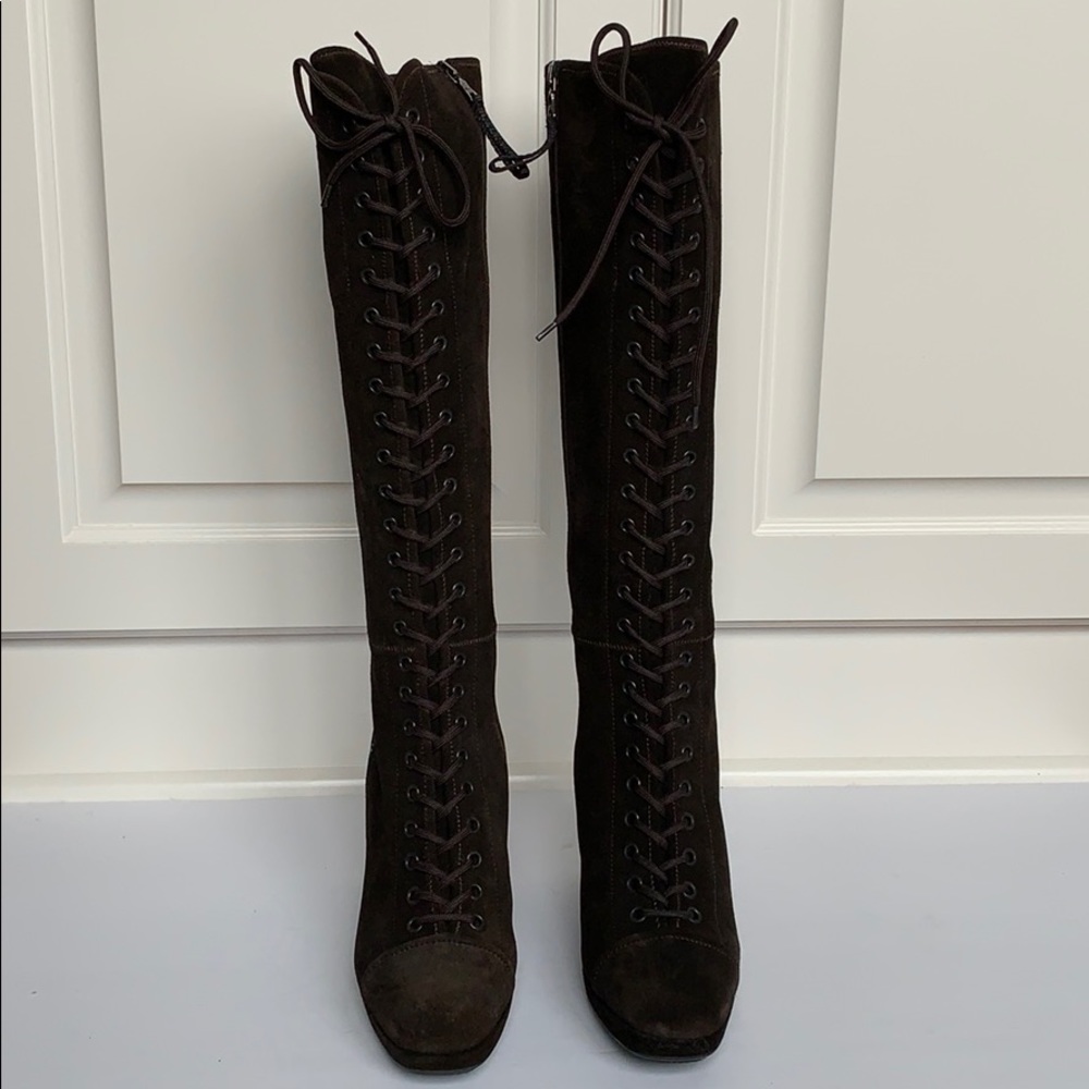 PRADA Chocolate Suede Lace & Zip Over Knee Boots
